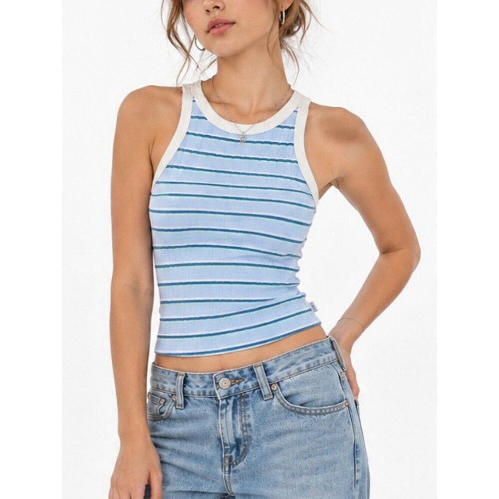 BDG Striped Ribbed High Neck Y2K Tank Top Blue Green Size M